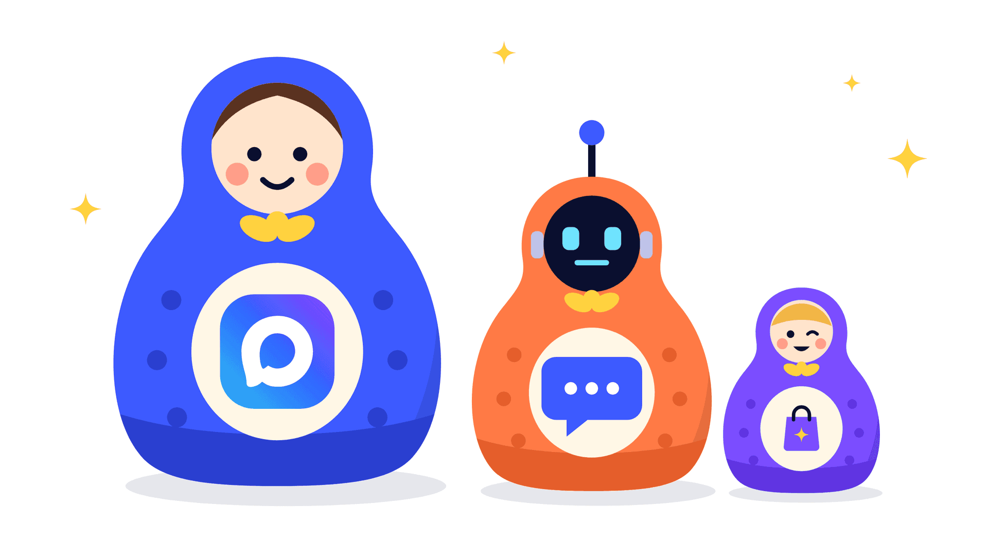 Три матрёшки: мессенджер, в нём бот с лицом робота, в нём маленькая с сумкой для покупок.