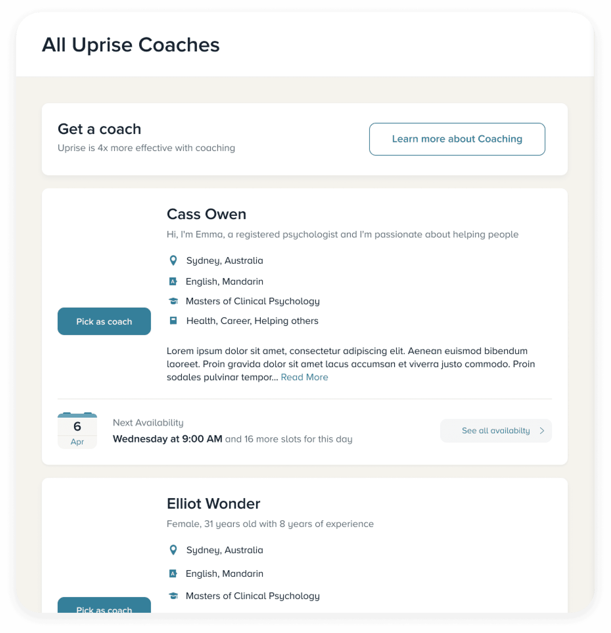 Интерфейс выбора специалиста Uprise